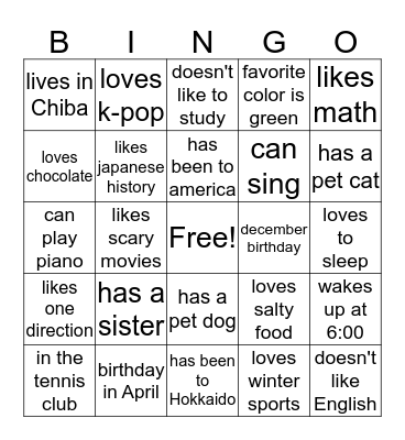 Ice breaker Bingo Card