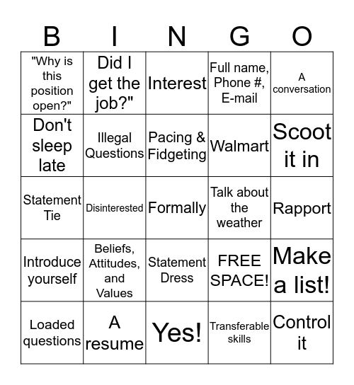 INTERVIEW BINGO! Bingo Card