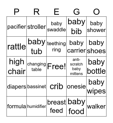 Preggo Bingo Card