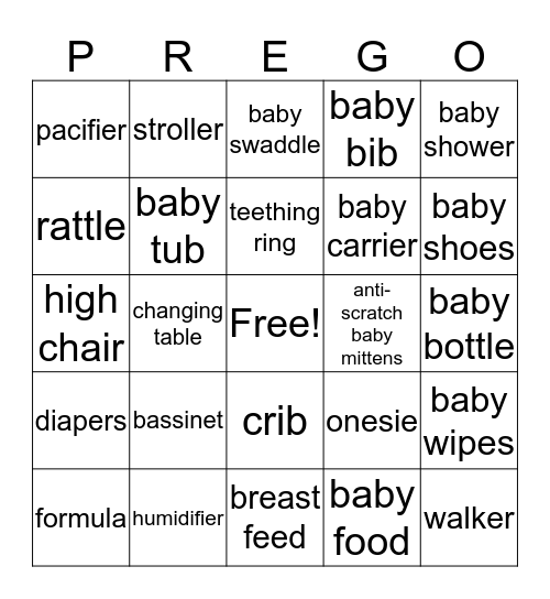 Preggo Bingo Card