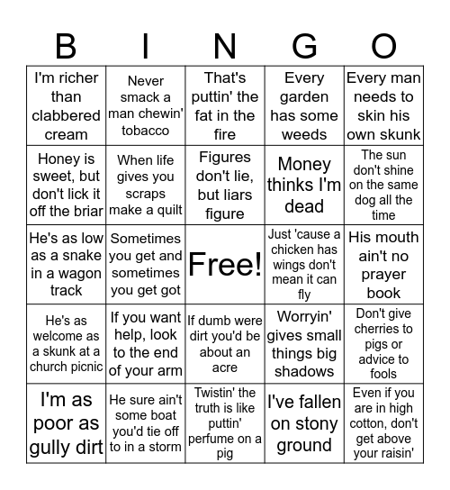 Country Lingo Bingo Card