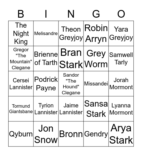 Game Of Thrones BINGO Card