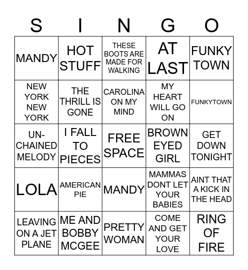 MUSIC LOVERS SONGS Bingo Card