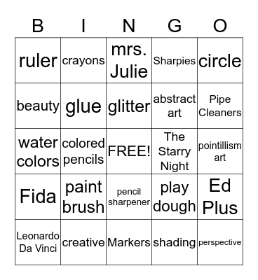 Mrs. Julie's Art Bingo  Bingo Card