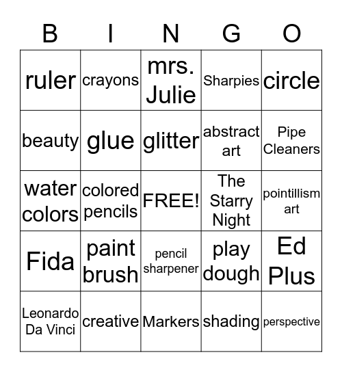 Mrs. Julie's Art Bingo  Bingo Card