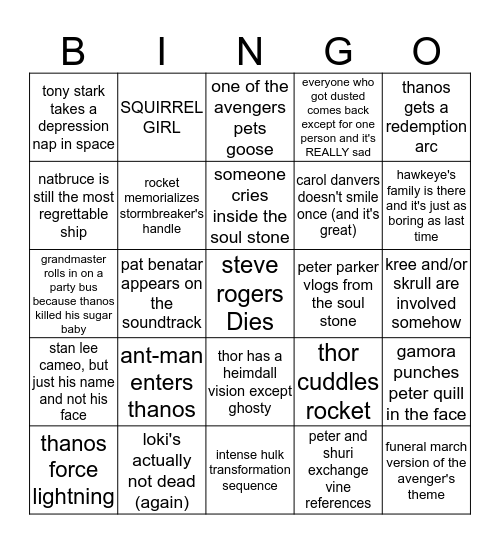 Avengers: Endgame Predictions Bingo Card