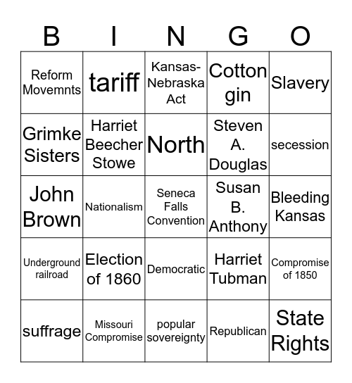 Reform Movements and Causes of the Civil War Bingo Card