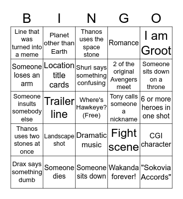 Infinity War Bingo Card