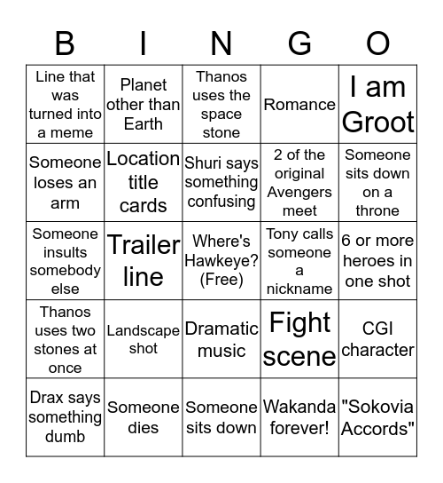 Infinity War Bingo Card