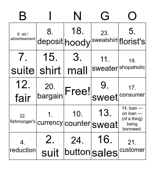 Shopping Bingo Card