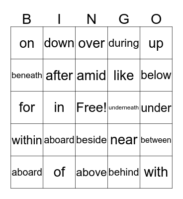 Preposition Bingo Card