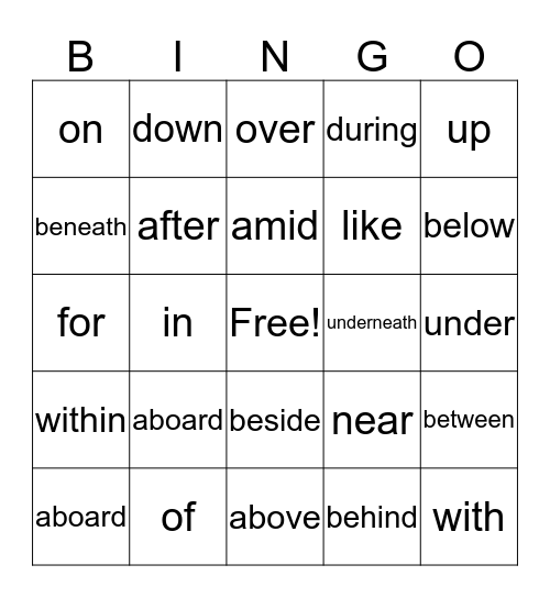 Preposition Bingo Card