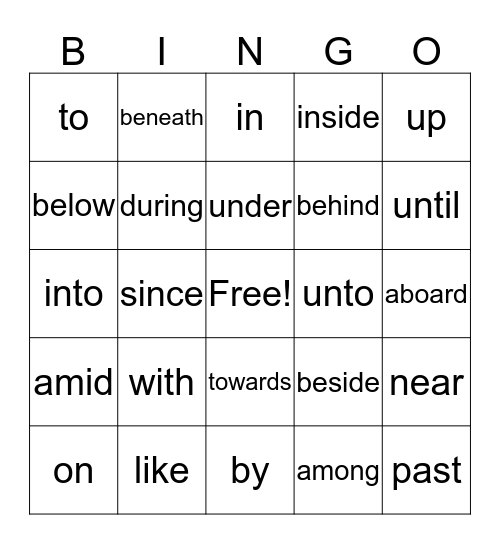 Preposition Bingo Card