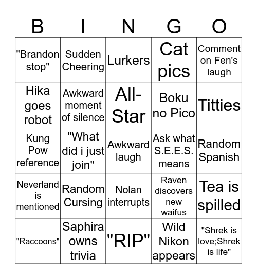SEES Drunken Saturday Bingo Card