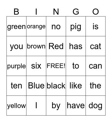 Sight Word Bingo Card