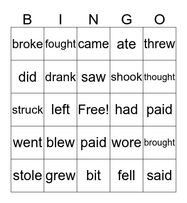 Irregular Verbs Present and Past Bingo Card