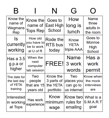 YETA Get to Know Someone Bingo Card
