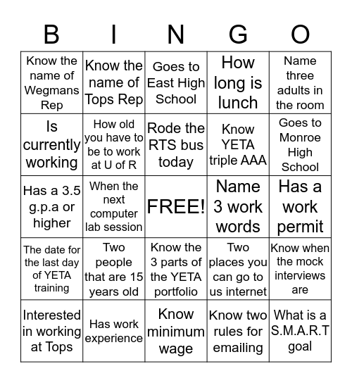 YETA Get to Know Someone Bingo Card