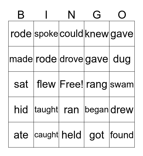 Irregular verbs Bingo Card