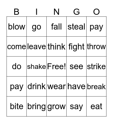 Irregular verb Bingo Card