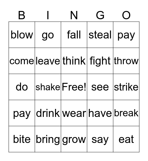 Irregular verb Bingo Card