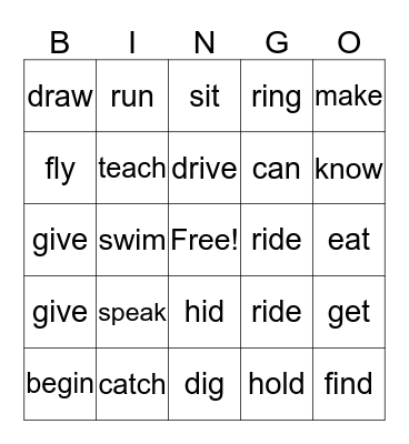 Irregular Verbs Bingo Card