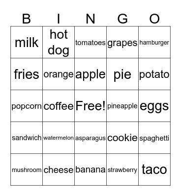 FOOD VOCABULARY Bingo Card