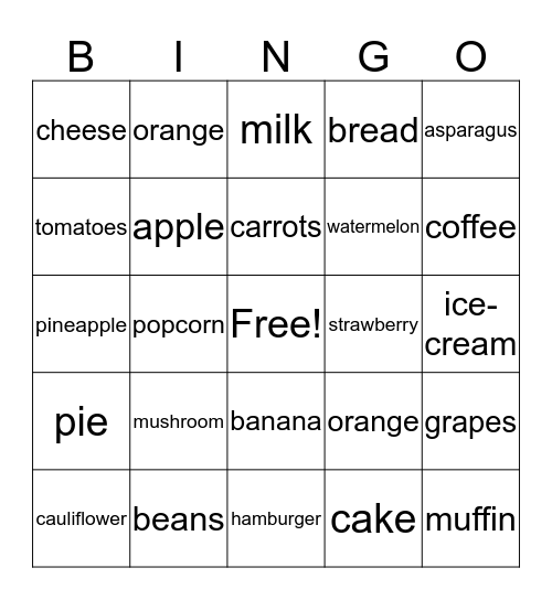 Food Bingo Card