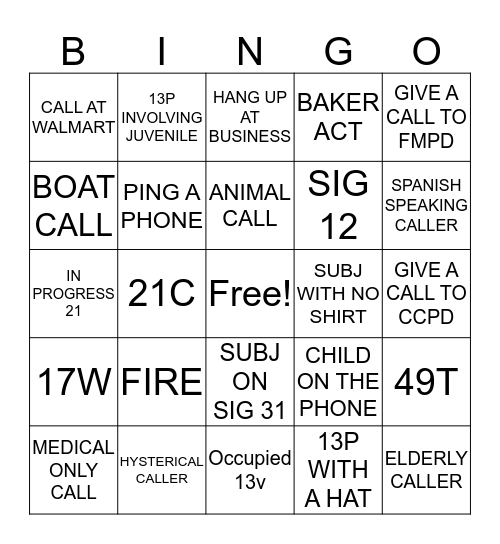 CALL TAKER Bingo Card