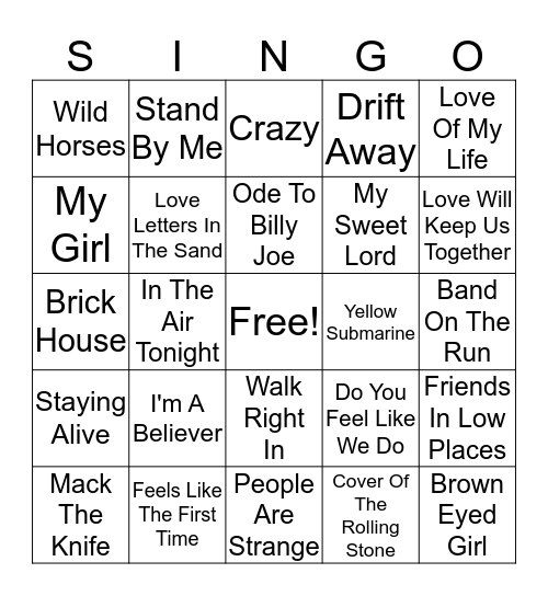 SINGO Bingo Card