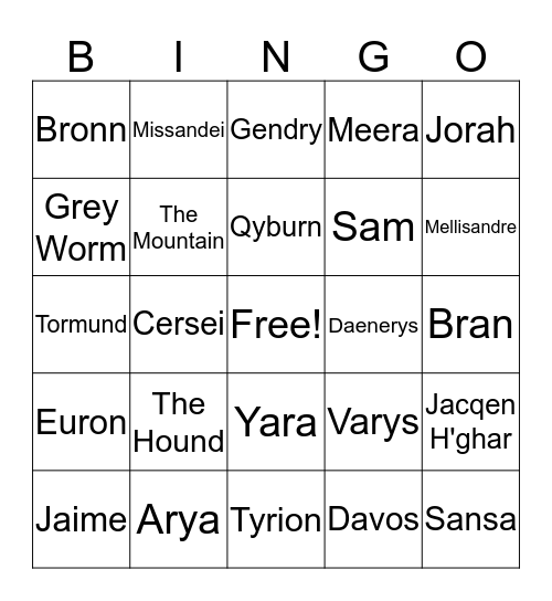 Game of Thrones Final Season Bingo Card
