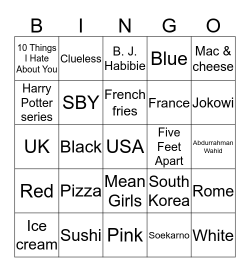 Lili’s Bingo Card
