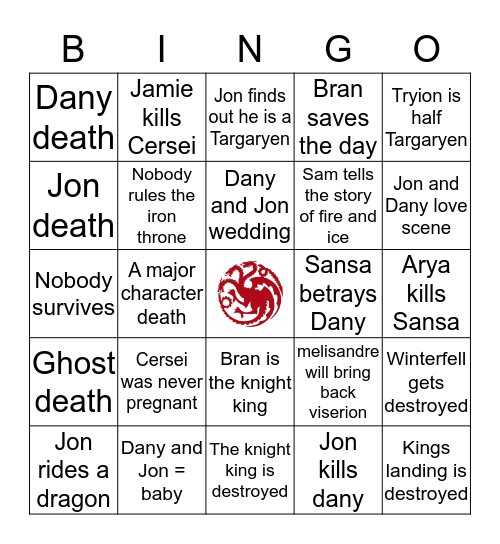 Game of thrones Bingo  Bingo Card