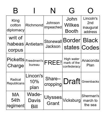 Civil War & Reconstruction Bingo Card
