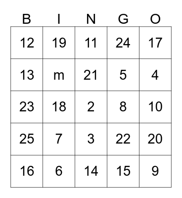NUMBER Bingo Card
