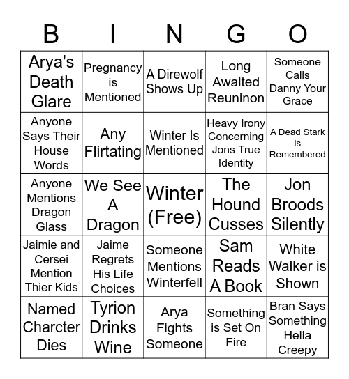 Game of Thrones Bingo Card