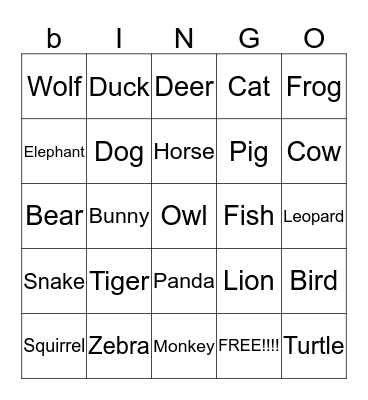 Animals Bingo Card