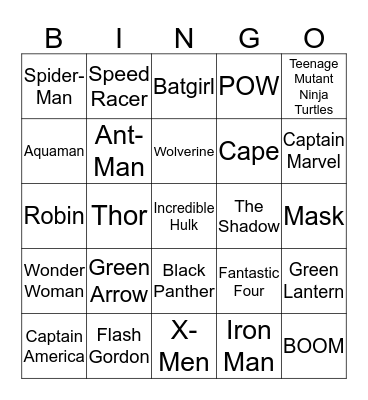 Superhero Squad Bingo Card