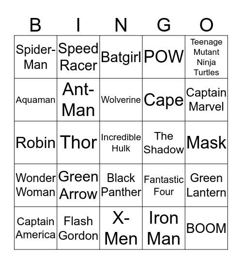 Superhero Squad Bingo Card