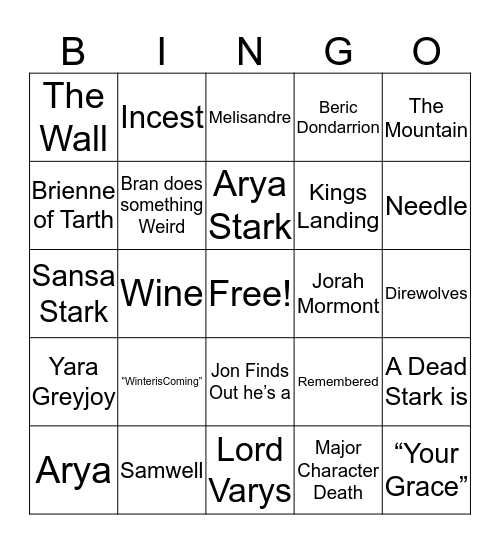 Game of Thrones 801 Bingo Card