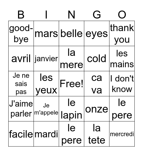 French Bingo Card