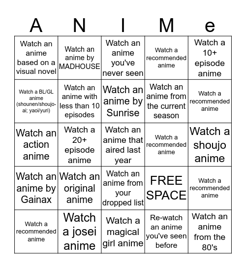 Anime Bingo Challenge Bingo Card