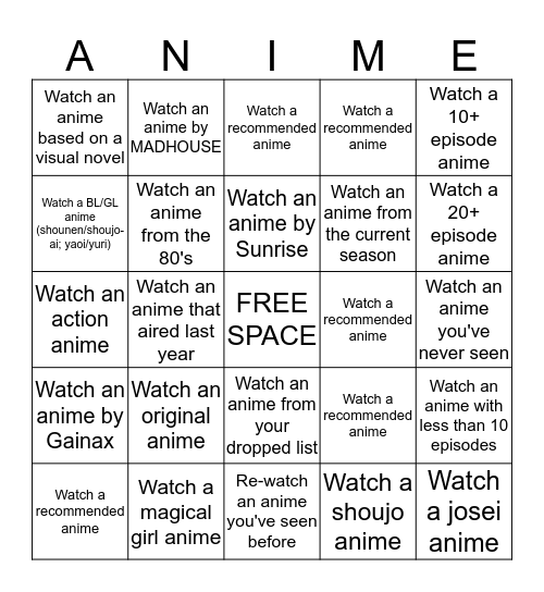 Anime Bingo Challenge Bingo Card