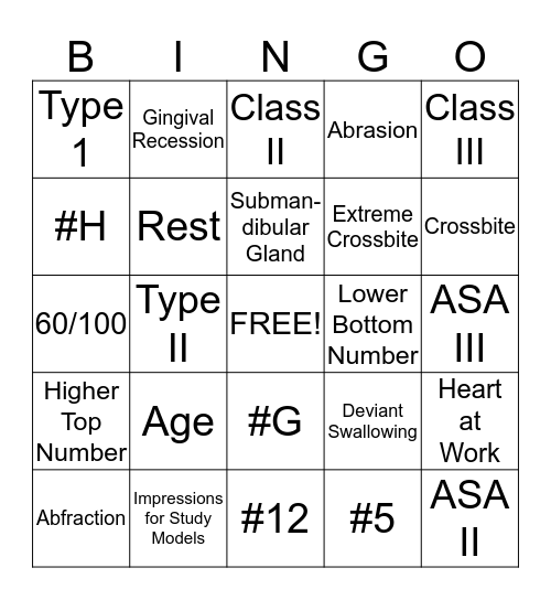 Patient Assessment Bingo Card