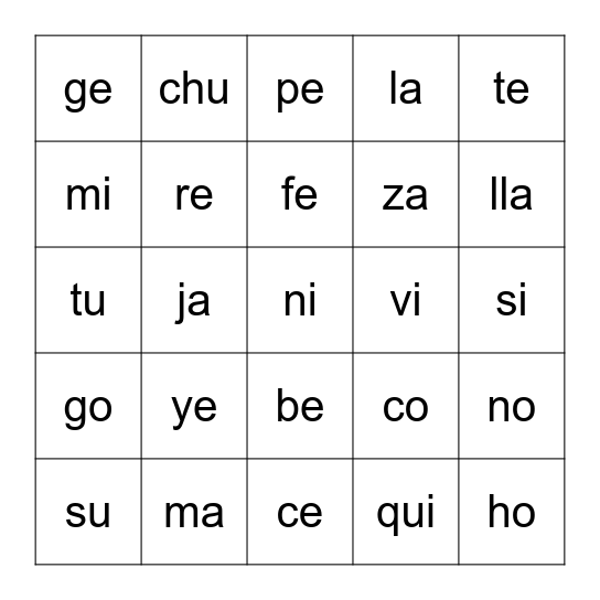 Las sílabas Bingo Card