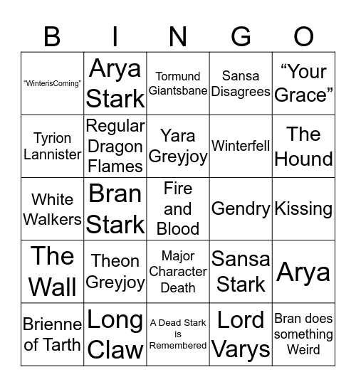 Game of Thrones  Bingo Card