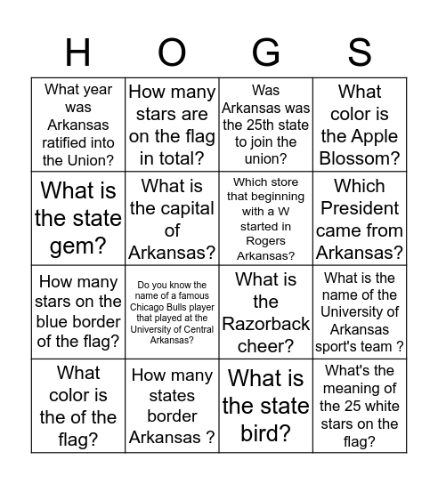 Arkansas Bingo Card