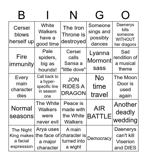 Game of Thrones: Season 8 Bingo Card
