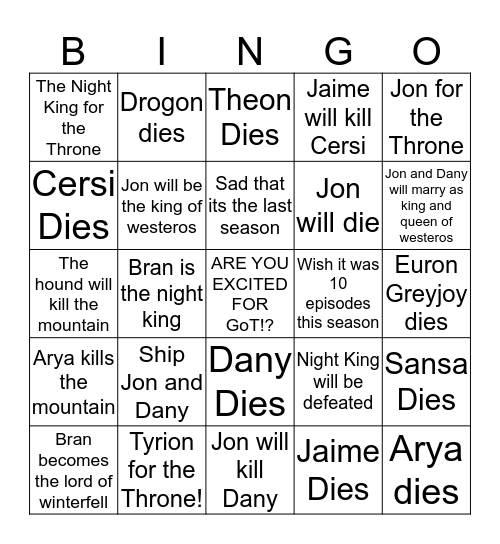 Game of Thrones Bingo Card