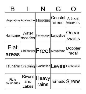 Natural Hazards Bingo Card